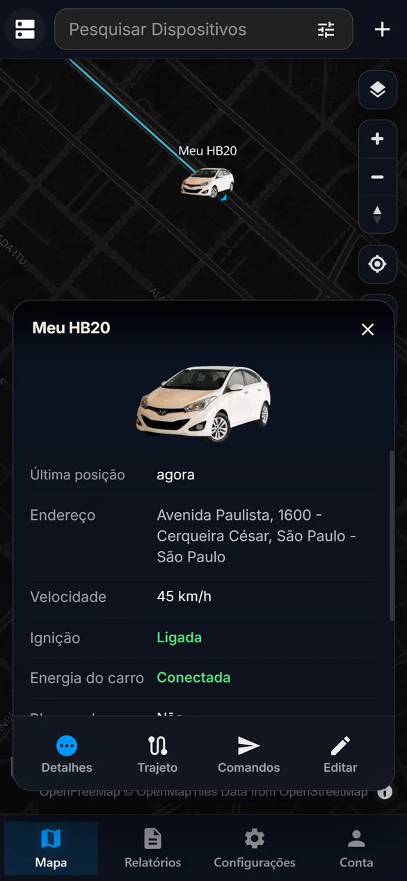 Detalhes do veículo: endereço, velocidade, ignição e energia
