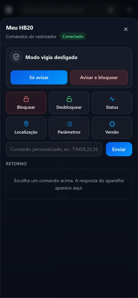 Tela de comandos com bloquear, desbloquear e modo vigia