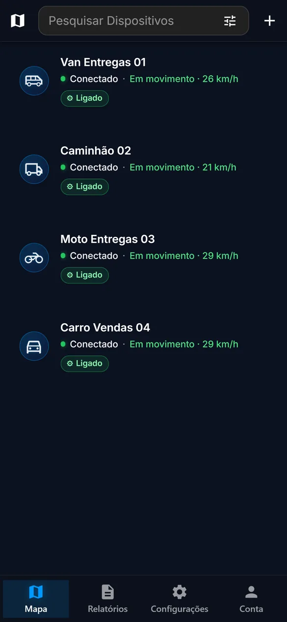 Lista da frota com quatro veículos e o status de cada um